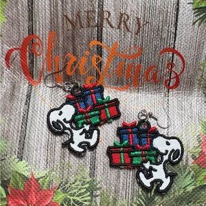 Embroidered Freestanding Lace Snoopy Christmas Earrings with Presents.